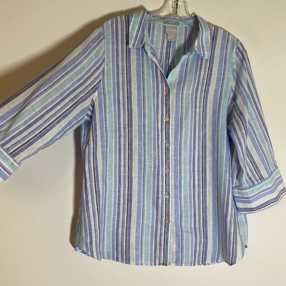Chicos Top Womens 1 Medium Blue Multi Striped 100% Linen Button Up Boho Nice M - Picture 4 of 16